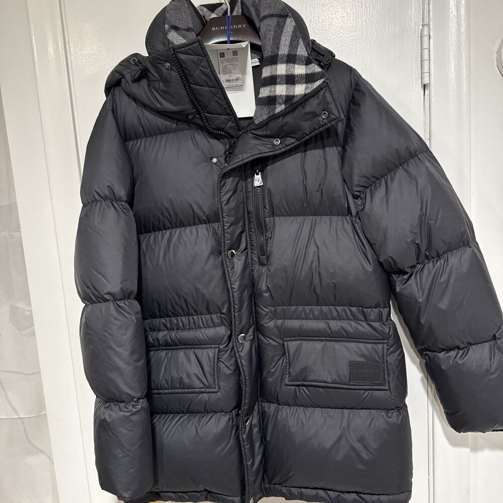 Burberry Haworth Hooded Check Down Jacket  Black Size Medium NWT